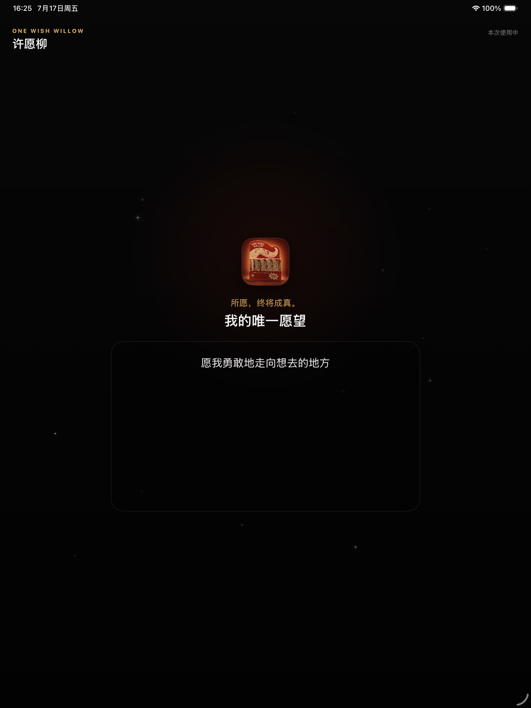 许愿柳 App 的愿望回看页面，展示一段已写下的愿望。